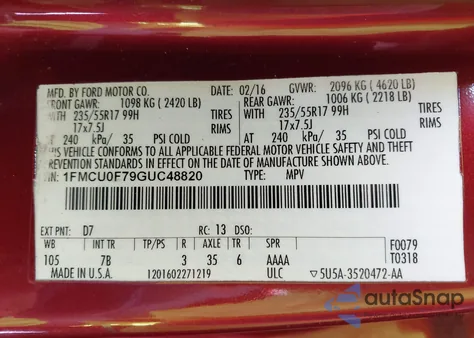 2016 Ford Escape S из США, поврежденный, VIN 1FMCU0F79GUC48820